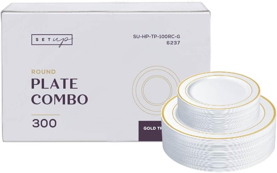 SETUP Case of 300 White Gold Rimmed Plastic Plates - Premium Heavy-Duty Disposable Plates for Wedding and Party, 150 10.25' Dinner and 150 7.5' Salad Plates