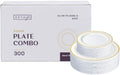 SETUP Case of 300 White Gold Rimmed Plastic Plates - Premium Heavy-Duty Disposable Plates for Wedding and Party, 150 10.25' Dinner and 150 7.5' Salad Plates