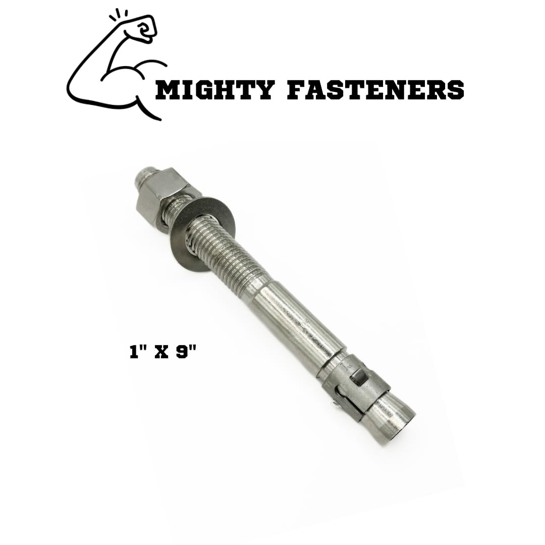 Mighty Fasteners Wedge Anchors – Heavy-Duty 304 Stainless Steel Expansion Bolts for Concrete & Masonry, Rust-Resistant & Durable - 1' X 9' - 10 Pack