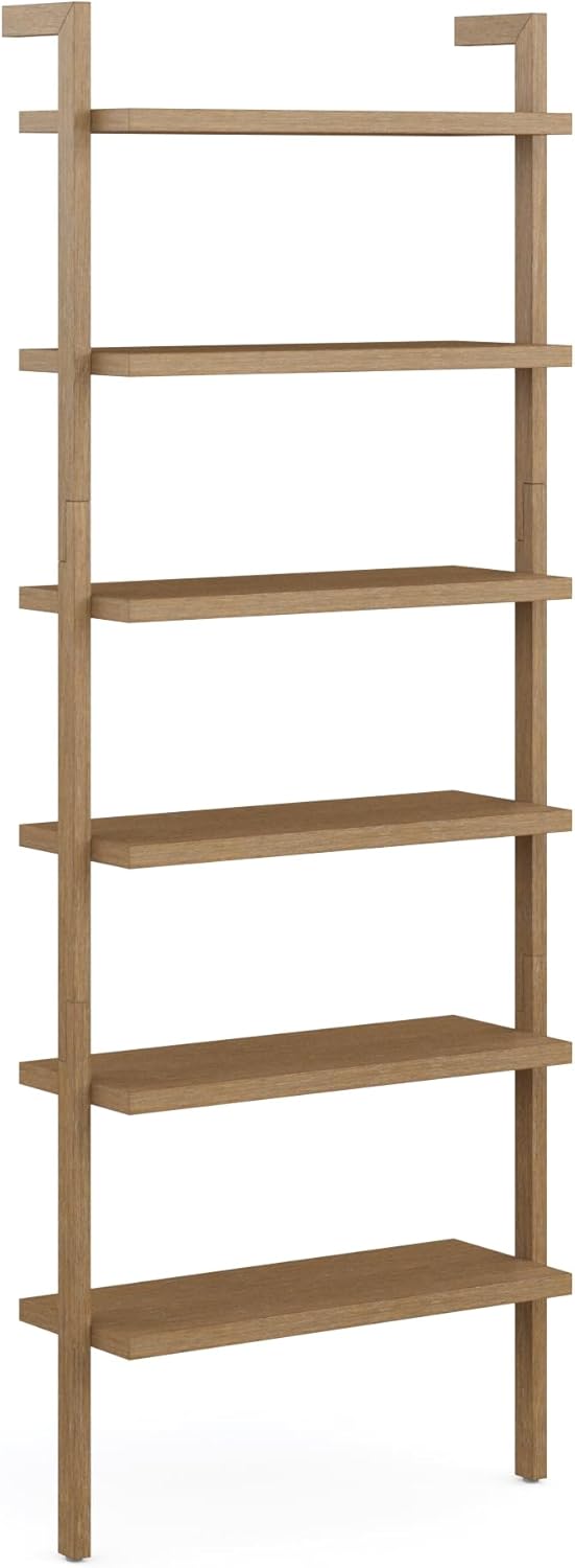 Nathan James Beacon Scandinavian 6-Shelf Wooden Wall Mounted Bookcase, Rustic Solid Wood Bookshelf, Light Brown