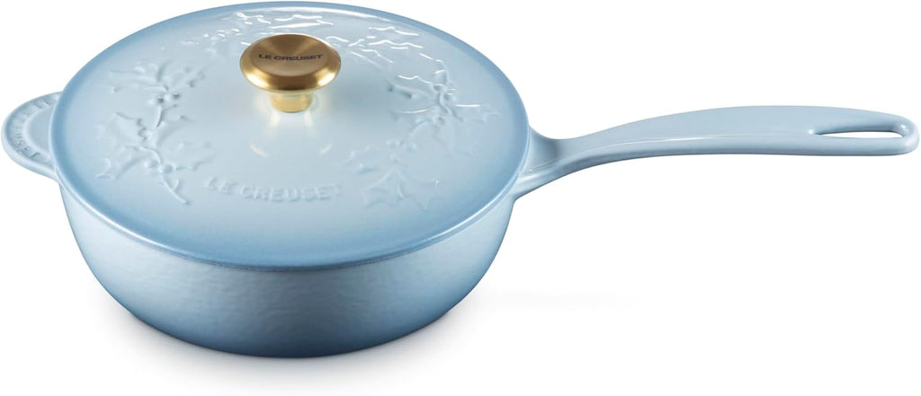 Le Creuset Enameled Cast Iron Holly Collection Traditional Saucier, 2.25 qt., Coastal Blue with Gold Knob