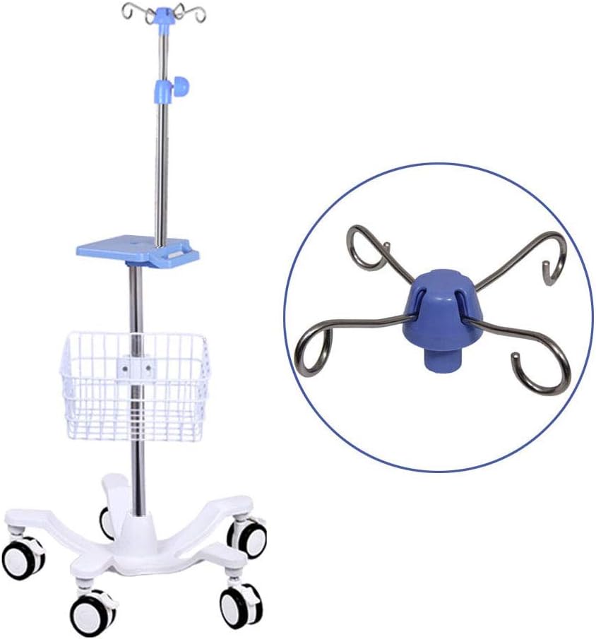 Portable IV Pole with Wheels IV Drip Stand with Tray - Cast Iron Base - Air Pressure Buffer - with 5 Casters with Brake(with Basket,Without Basket)
