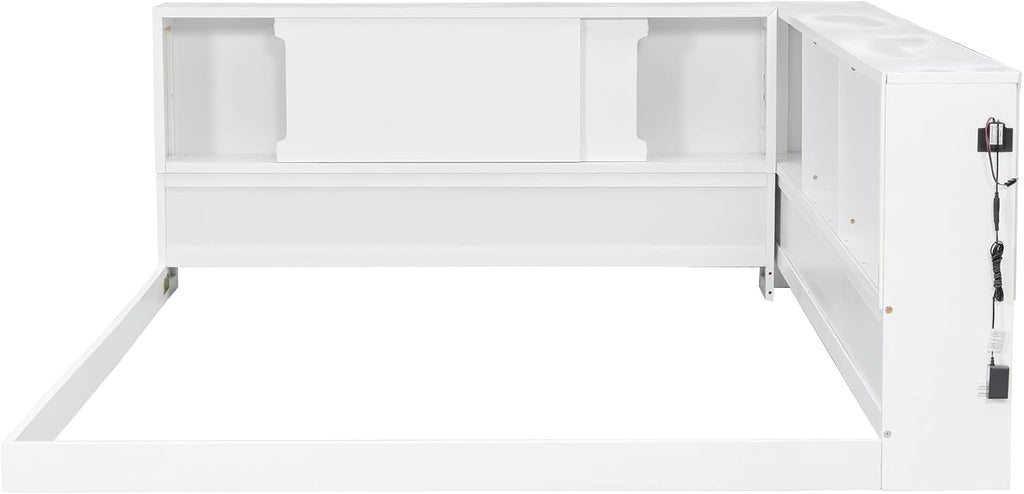 SOFTSEA Queen Size Corner Bed with Bookcase, Wood L-Shaped Floor Daybed with LED Lights & USB Ports, Floor Corner Bed Frame for Bedroom Guest Room, No Slats, White