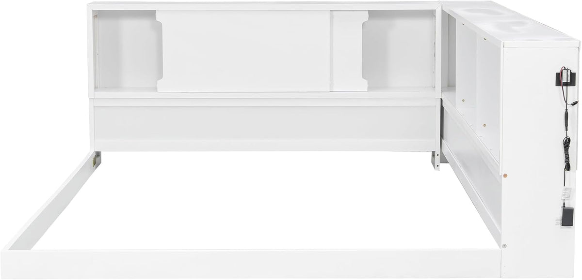 SOFTSEA Queen Size Corner Bed with Bookcase, Wood L-Shaped Floor Daybed with LED Lights & USB Ports, Floor Corner Bed Frame for Bedroom Guest Room, No Slats, White