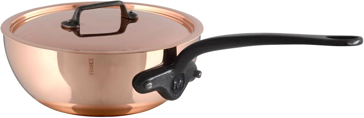 Mauviel M'Heritage M150CI 1.5mm Polished Copper & Stainless Steel Chef Pan With Lid, And Cast Iron Handle, 2.1-qt, Made in France