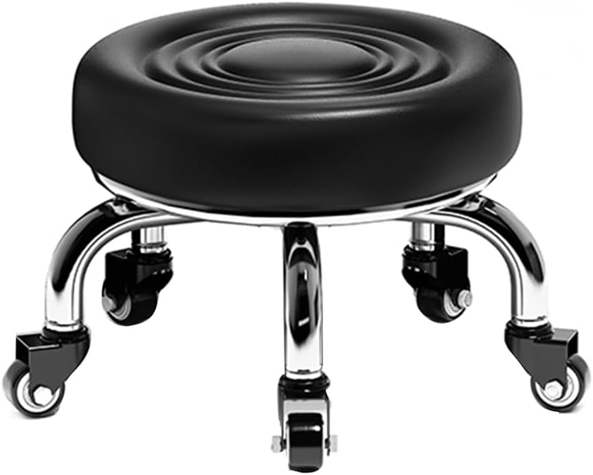 Heavy-Duty Low Roller Stool with 360° Swivel Wheels, Ottoman Footstool, Low-Height Short Rolling Stool Seat, PU Leather Small Mechanic Chair, Rolling Stools for Garage, Shop, Library Black