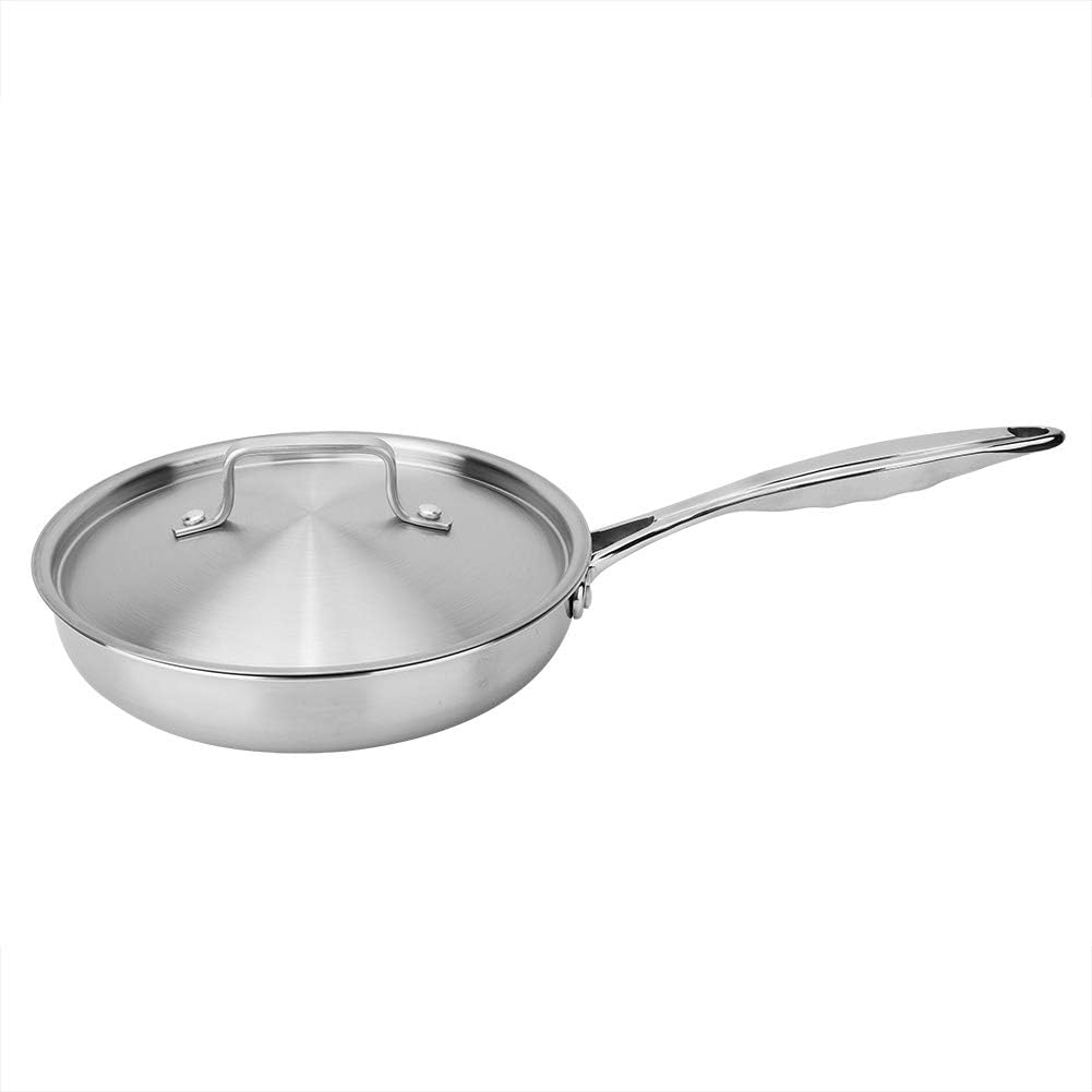 Non-Ctick Wok Saucepan Uncoated 304/403 Stainless Steel Aluminum Three Layer Flat Frying Pan 24cm with Pot Cover Kitchen Cooking Tool(