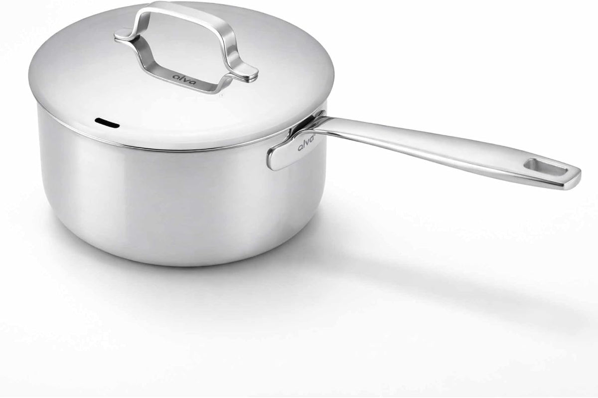 Alva Maestro 1.7 Qt Stainless Steel Saucepan with Lid, Durable Everyday Sauce Pot for Sauces, Grains, Oatmeal & Small-Batch Cooking, Induction Compatible, Oven Safe, Lazered Measurement Marks