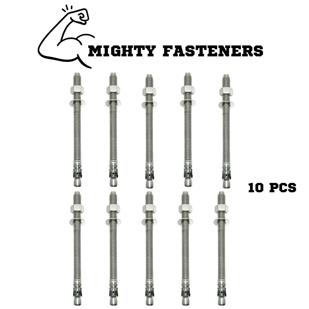 Mighty Fasteners Wedge Anchors – Heavy-Duty 304 Stainless Steel Expansion Bolts for Concrete & Masonry, Rust-Resistant & Durable - 3/4' X 10' - 10 Pack
