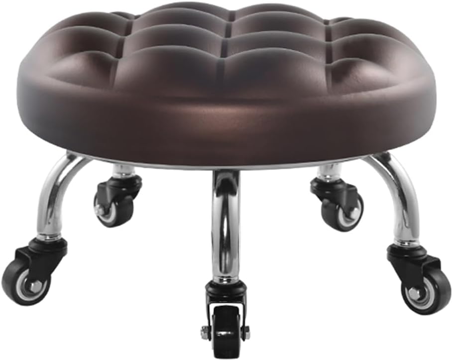 Heavy-Duty Low Roller Stool with 360° Swivel Wheels, Ottoman Footstool, Low-Height Short Rolling Stool Seat, PU Leather Small Mechanic Chair, Rolling Stools for Garage, Shop, Library Brown