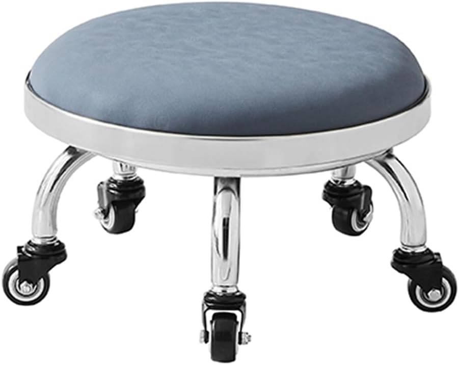 Heavy-Duty Low Roller Stool with 360° Swivel Wheels, Ottoman Footstool, Low-Height Short Rolling Stool Seat, PU Leather Small Mechanic Chair, Rolling Stools for Garage, Shop, Library Grey