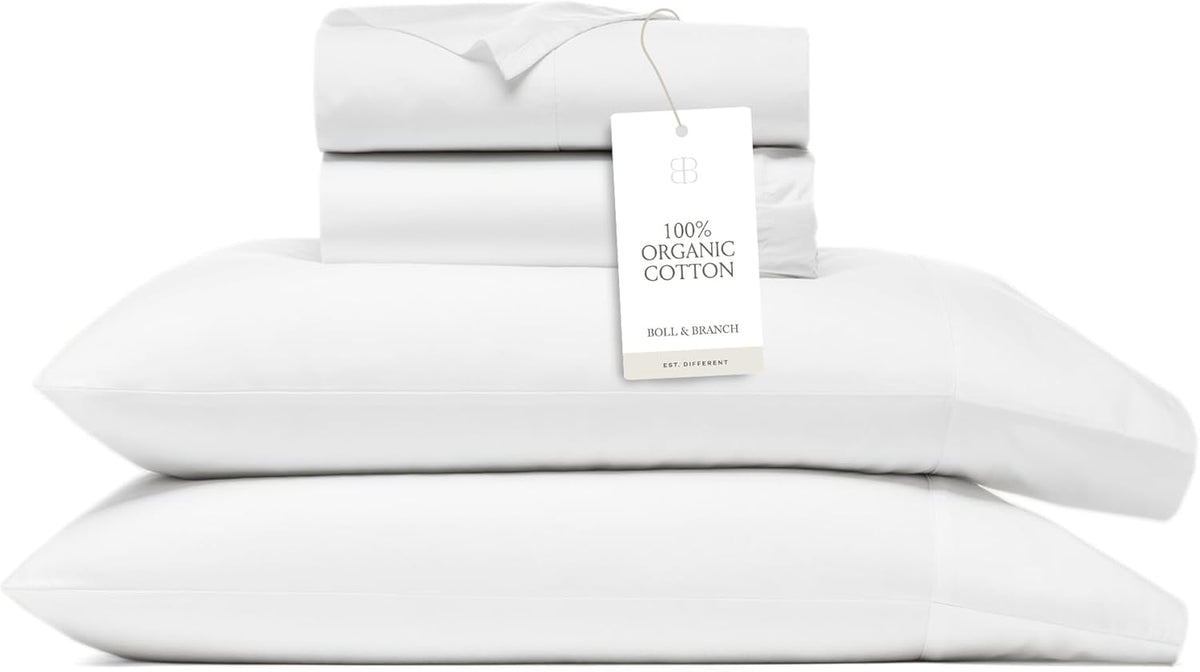 BOLL & BRANCH Signature Hemmed Sheet Set - Split King, White - Luxury 100% Organic Cotton - Includes 1 Flat, 2 Fitted, 2 Pillowcases - Buttery Soft