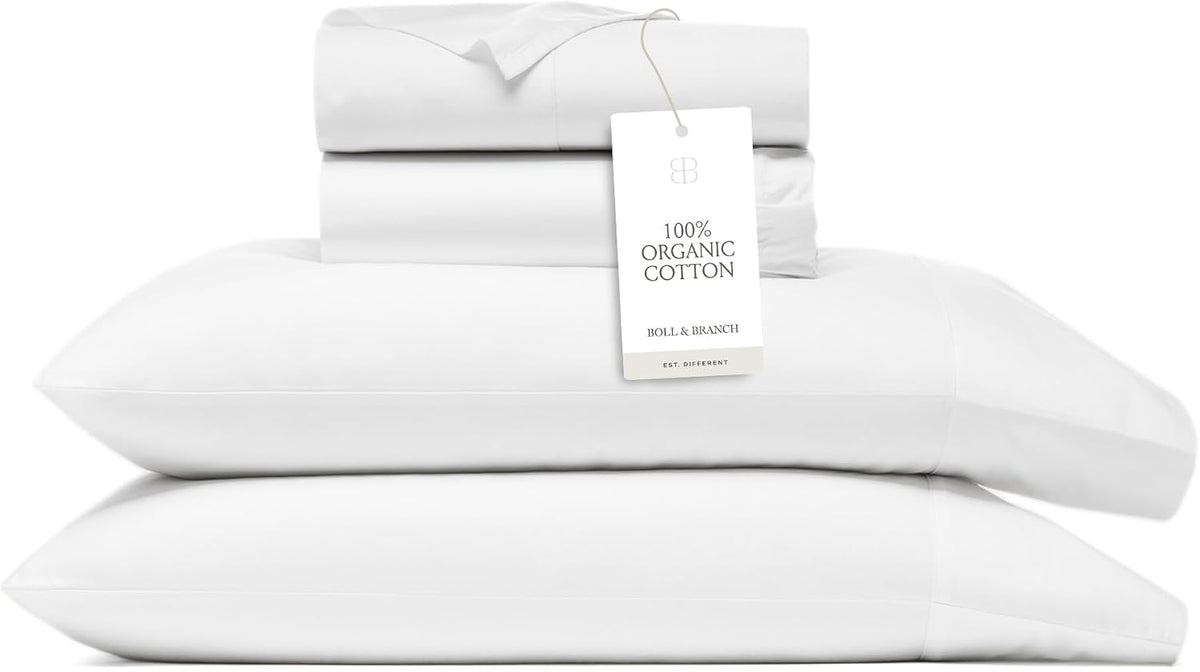 BOLL & BRANCH Signature Hemmed Sheet Set - King + Standard, White - Luxury 100% Organic Cotton - Includes 1 Flat, 1 Fitted, 2 Standard Size Pillowcases - Buttery Soft