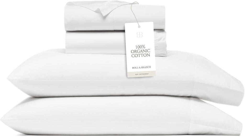 BOLL & BRANCH Signature Hemmed Sheet Set - Full, White - Luxury 100% Organic Cotton - Includes 1 Flat Sheet, 1 Fitted Sheet, 2 Pillowcases - Buttery Soft