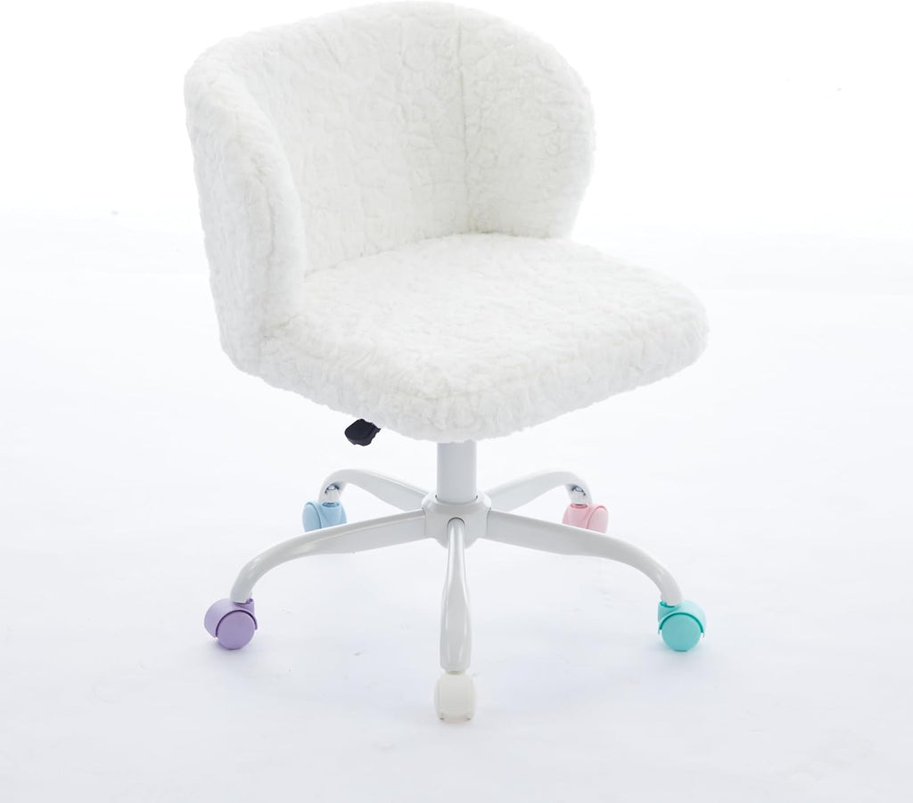 Faux Fur Vanity Desk Chair with White Metal Base – Adjustable Swivel Rolling Office Chair with Wheels, Comfy Makeup Chair for Bedroom, Study, Girls' Room, Home Office & Task Use, Ivory