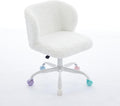 Faux Fur Vanity Desk Chair with White Metal Base – Adjustable Swivel Rolling Office Chair with Wheels, Comfy Makeup Chair for Bedroom, Study, Girls' Room, Home Office & Task Use, Ivory