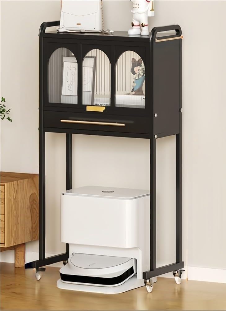 Metal Storage Cabinet with Drawers and Wheels Robot Vacuum Stand with Open Base - Tall Narrow Cabinet for Living Room Kitchen Long Lasting