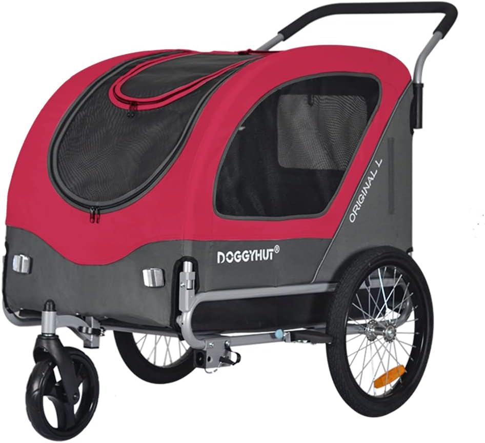 Doggyhut Original Large Pet Bike Trailer & Stroller 2-in-1,for Dogs up to 78 lbs,Parking Brakes,Easy Folding Cart Frame, Quick Release Wheel, Universal Bicycle Coupler (Red)