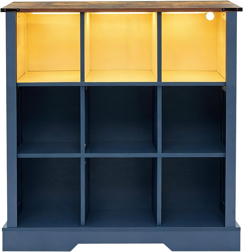 9 Cube Storage Organizer, Wood Cube Bookshelf with LED Lights, Horizontal Storage Cubes, Kids Bookshelf, Display Cabinet Cubby Shelf for Living Room Home Office Bedroom，Navy Blue