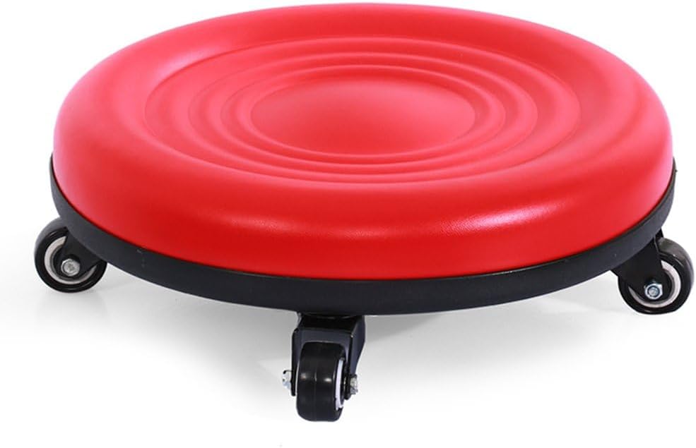 Heavy-Duty Low Roller Stool with 360° Swivel Wheels, Ottoman Footstool, Low-Height Short Rolling Stool Seat, PU Leather Small Mechanic Chair, Rolling Stools for Garage, Shop, Library red