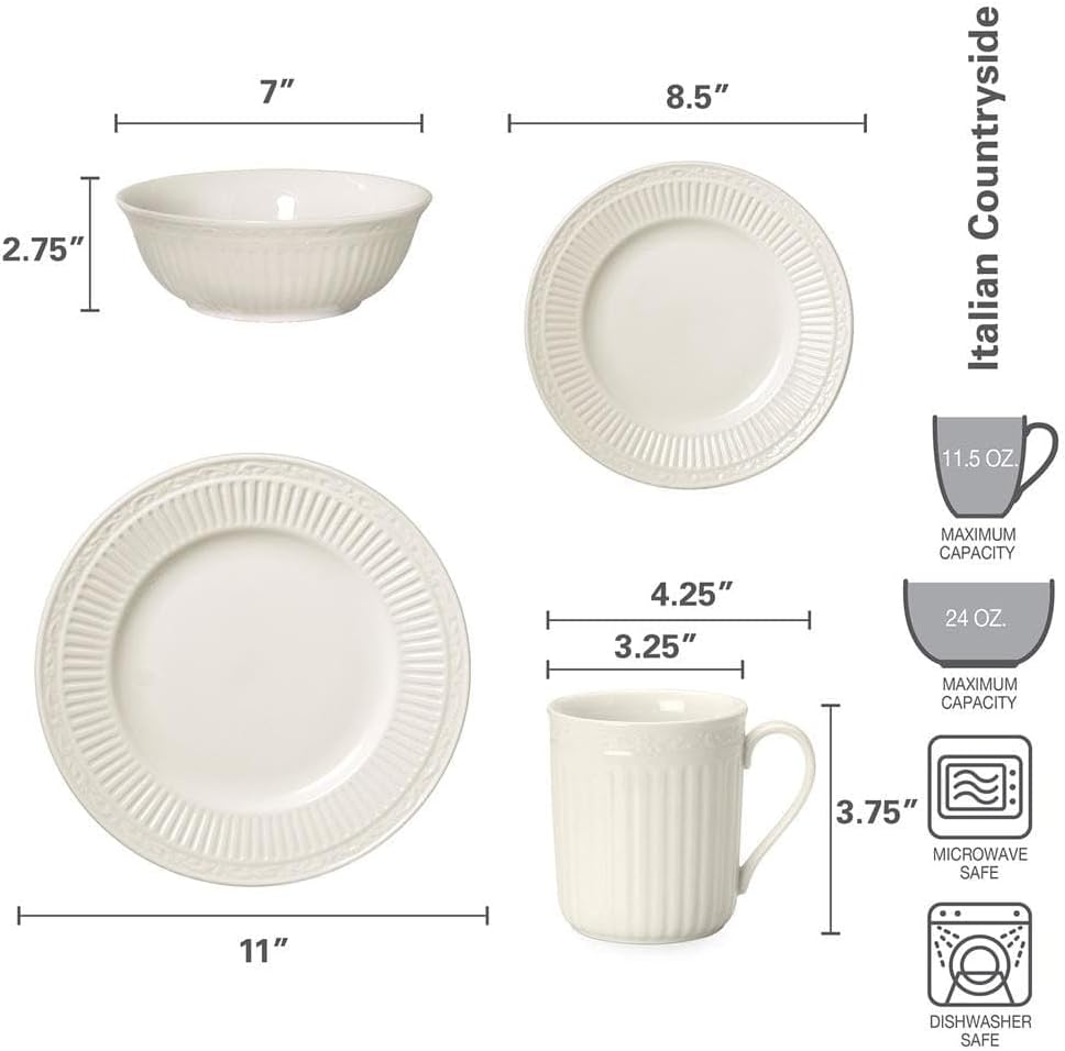 Mikasa Italian Countryside 16-Piece Dinnerware Set - Classic White Porcelain with Fluted Bands, Service for 4 - Dinner Plates, Salad Plates, Bowls, and Mugs, Microwave & Dishwasher Safe