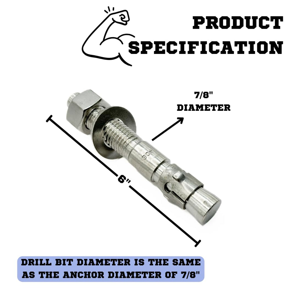 Mighty Fasteners Wedge Anchors – Heavy-Duty 304 Stainless Steel Expansion Bolts for Concrete & Masonry, Rust-Resistant & Durable - 7/8' X 6' - 10 Pack