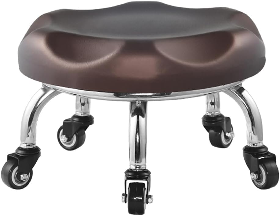 Heavy-Duty Low Roller Stool with 360° Swivel Wheels, Ottoman Footstool, Low-Height Short Rolling Stool Seat, PU Leather Small Mechanic Chair, Rolling Stools for Garage Brown