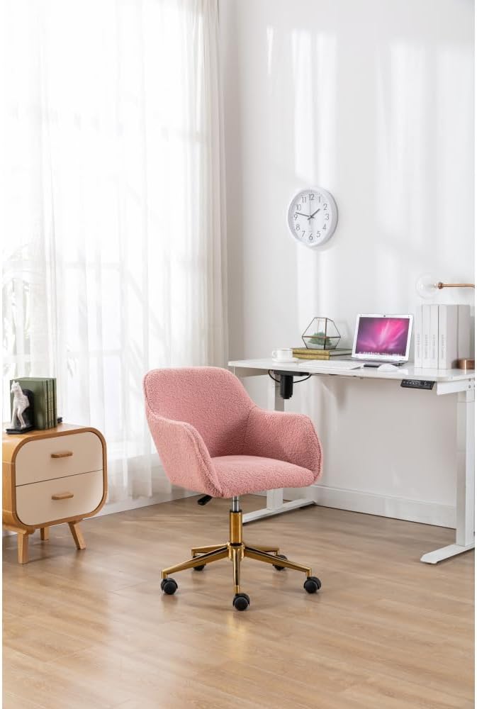 Plush Teddy Fabric Ergonomic Office Chair with Adjustable Height, 360-Degree Swivel Base, and Smooth-Rolling Casters for Home or Workspace (Pink + Teddy + Foam)