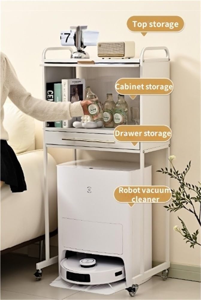 Metal Storage Cabinet with Drawers and Wheels Robot Vacuum Stand with Open Base - Tall Narrow Cabinet for Living Room Kitchen Long Lasting