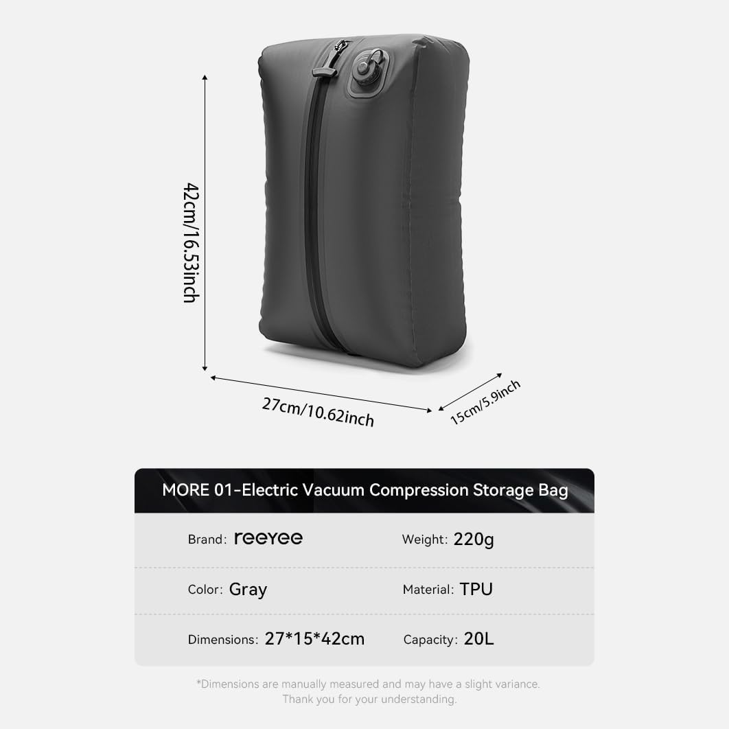 Reeyee Electric Vacuum Compression Bag, 20L Portable Travel Packing Cube with Built-in Pump, Type-C Rechargeable, Waterproof TPU, Saves 60% Space (3, black)