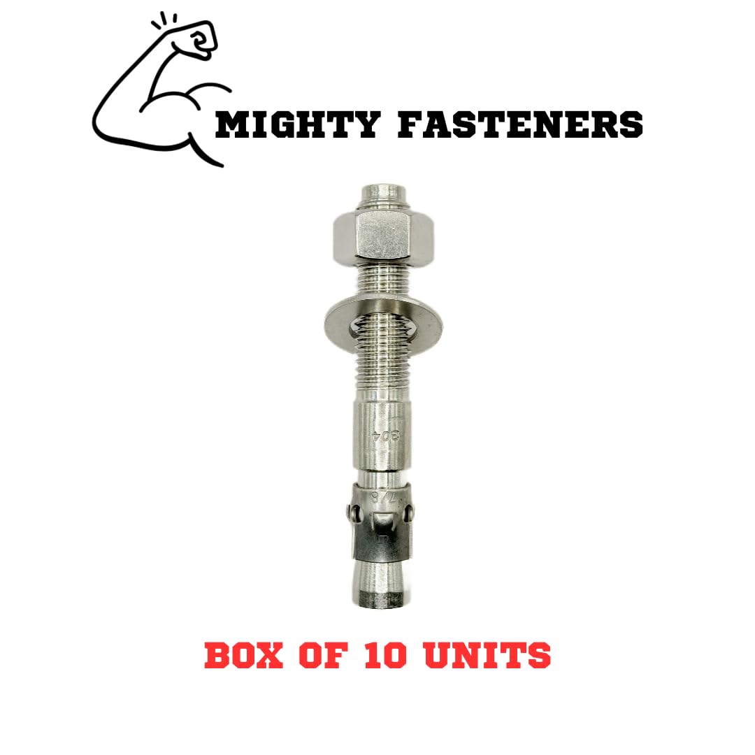 Mighty Fasteners Wedge Anchors – Heavy-Duty 304 Stainless Steel Expansion Bolts for Concrete & Masonry, Rust-Resistant & Durable - 7/8' X 6' - 10 Pack