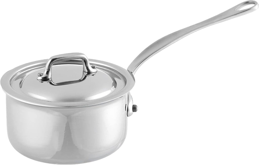 Mauviel M'Cook 5-Ply Polished Stainless Steel Sauce Pan With Lid, And Cast Stainless Steel Handle, 0.8-qt, Made In France