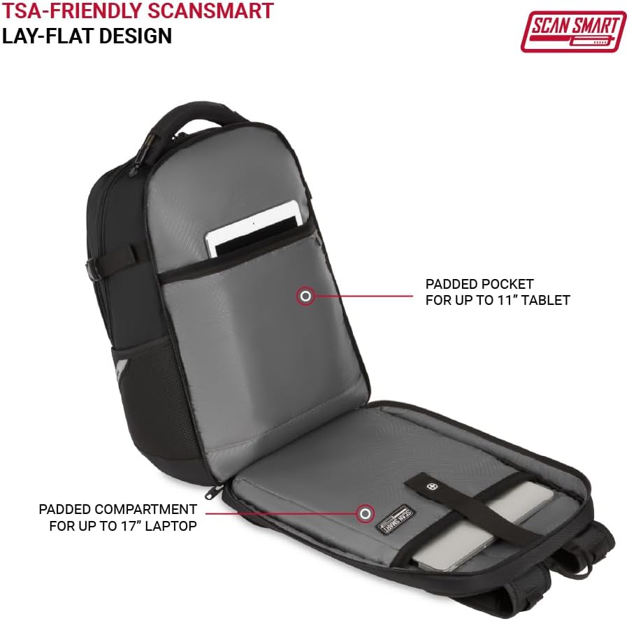 SwissGear Travel Tech Pro Laptop Backpack – Fits Laptops up to 16' – ScanSmart TSA-Friendly Backpack with Multiple Organizer Pockets – Black