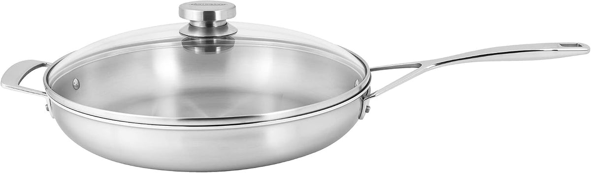 Demeyere Essential 5-ply, 18/10 Stainless Steel, Stay Cool Handle, Oven Safe, Compatible with all Cooktops, Perfect Pour Edge, 12.5-inch with Perfect Fit Lid