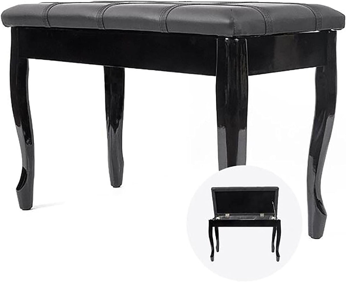 Deluxe Genuine Leather Piano Bench, Fixed Height Duet Piano Stool with Large Storage Box Keyboard Bench Vanity Stool, 76 x 35 x 49CM, Black