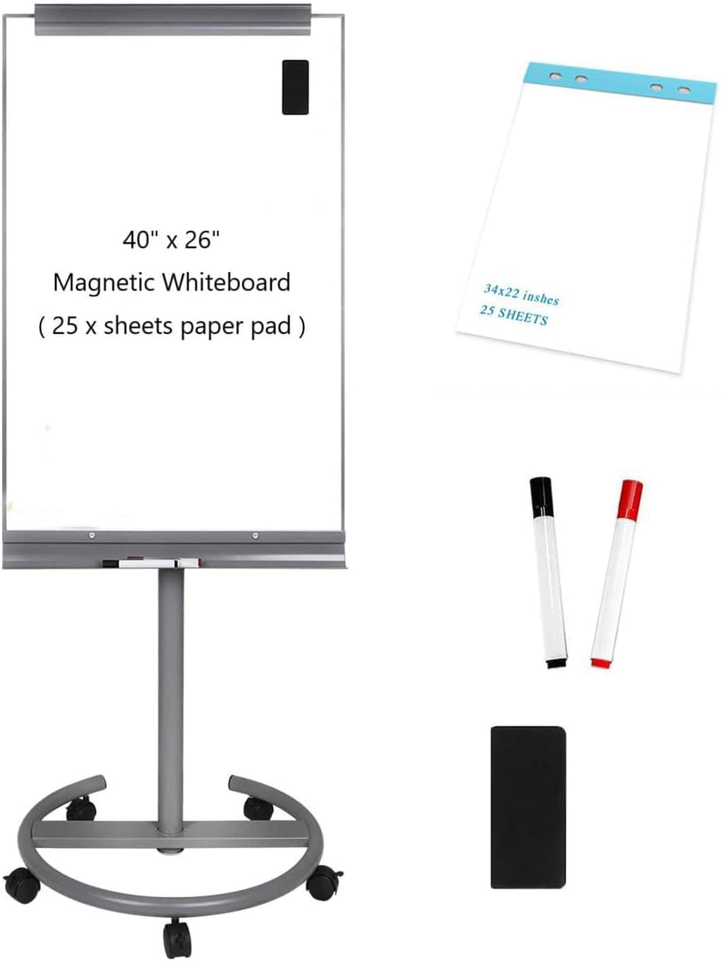 BIBOC Mobile Dry Erase Board – 40x26 inches Magnetic Portable Whiteboard Stand Adjustable Easel White Board Flipchart Easel Board with 25 Sheets Paper Pad 1 Eraser, 2Markers