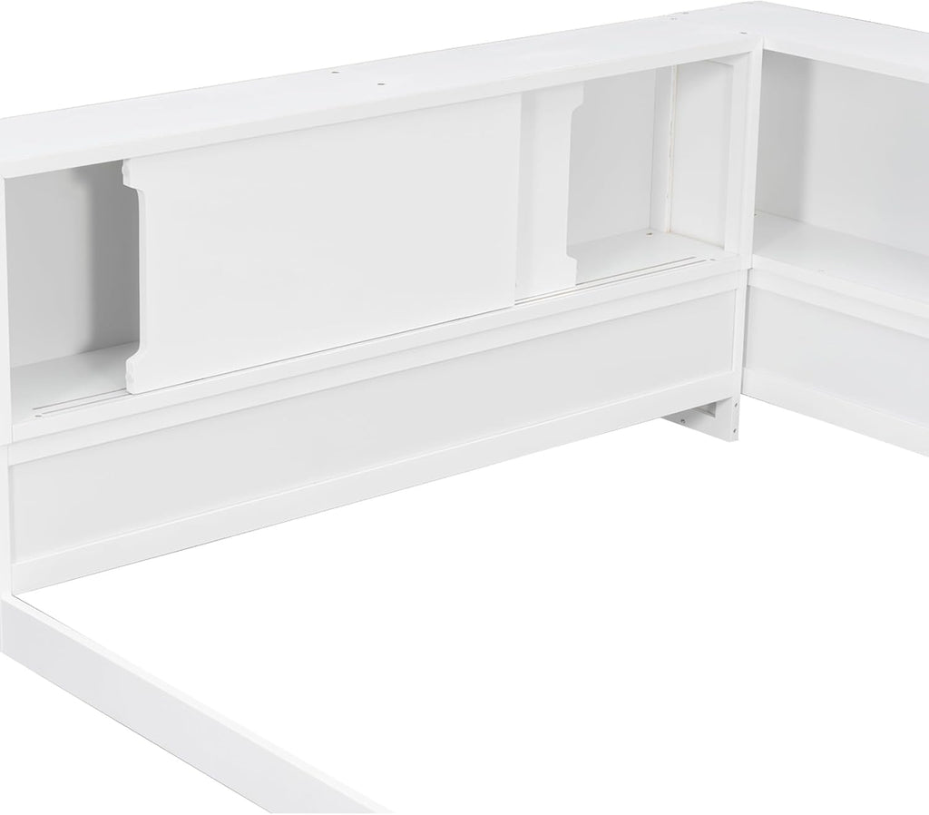 SOFTSEA Queen Size Corner Bed with Bookcase, Wood L-Shaped Floor Daybed with LED Lights & USB Ports, Floor Corner Bed Frame for Bedroom Guest Room, No Slats, White