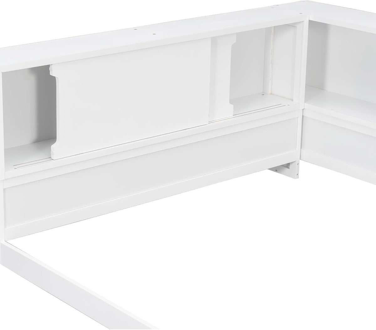 SOFTSEA Queen Size Corner Bed with Bookcase, Wood L-Shaped Floor Daybed with LED Lights & USB Ports, Floor Corner Bed Frame for Bedroom Guest Room, No Slats, White