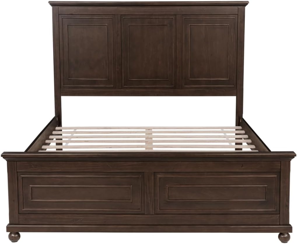 Queen Size Solid Wood Platform Bed Frame,Wood Bed with USB Charging Station, Solid Wood Leg/No Box Spring Needed/Noise Free/Brown