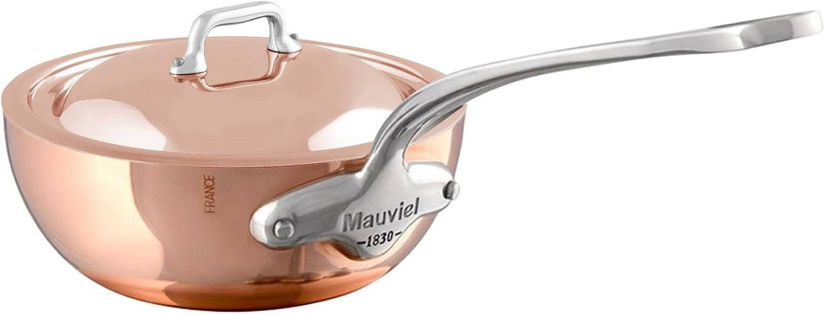 Mauviel M'Heritage 150 S 1.5mm Polished Copper & Stainless Steel Chef Pan With Curved Lid, And Cast Stainless Steel Handle, 2.1-qt, Made In France