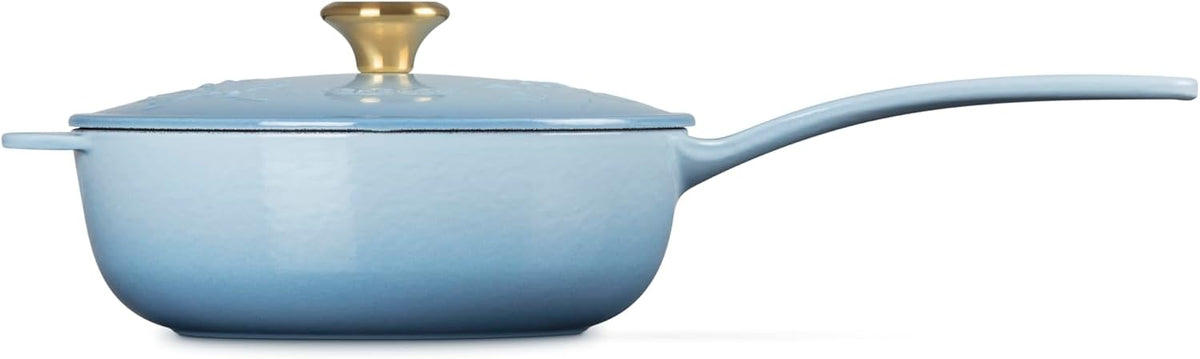 Le Creuset Enameled Cast Iron Holly Collection Traditional Saucier, 2.25 qt., Coastal Blue with Gold Knob