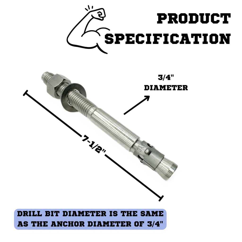 Mighty Fasteners Wedge Anchors – Heavy-Duty 304 Stainless Steel Expansion Bolts for Concrete & Masonry, Rust-Resistant & Durable - 3/4' X 7-1/2' - 10 Pack