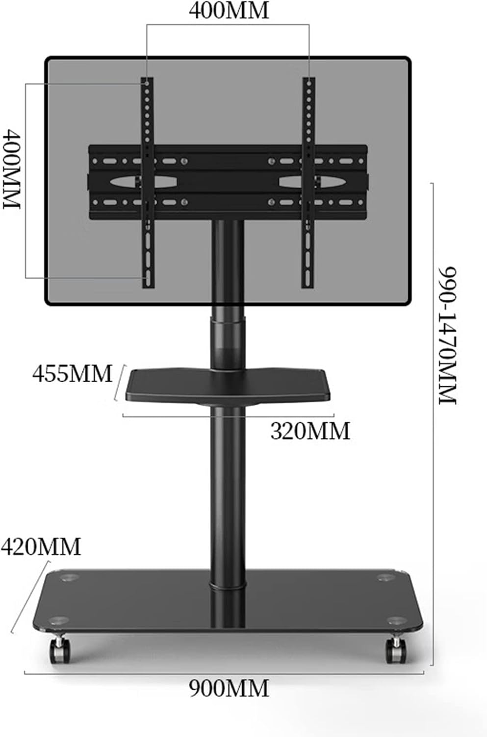 Universal TV Stand Mobile TV Stand With Wheels For 32-65 Inch TVs, Rolling TV Stand With Tempered Glass Base, Height Adjustable Portable Floor Stand