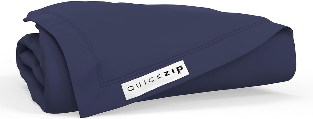 QuickZip Fitted Plus Spare Bundle: 1 Fitted Sheet (Base + Zip Sheet) & 1 Zip Sheet - Easy to Change, Won't Pop Off - Soft Percale 400 TC 100% Cotton - 13.5' Deep Pockets RV Queen Size – Deep Navy