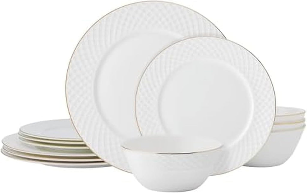Mikasa Trellis Gold Rim Bone China Lightweight Chip Resistant 12 Piece Dinnerware Set, Service for 4