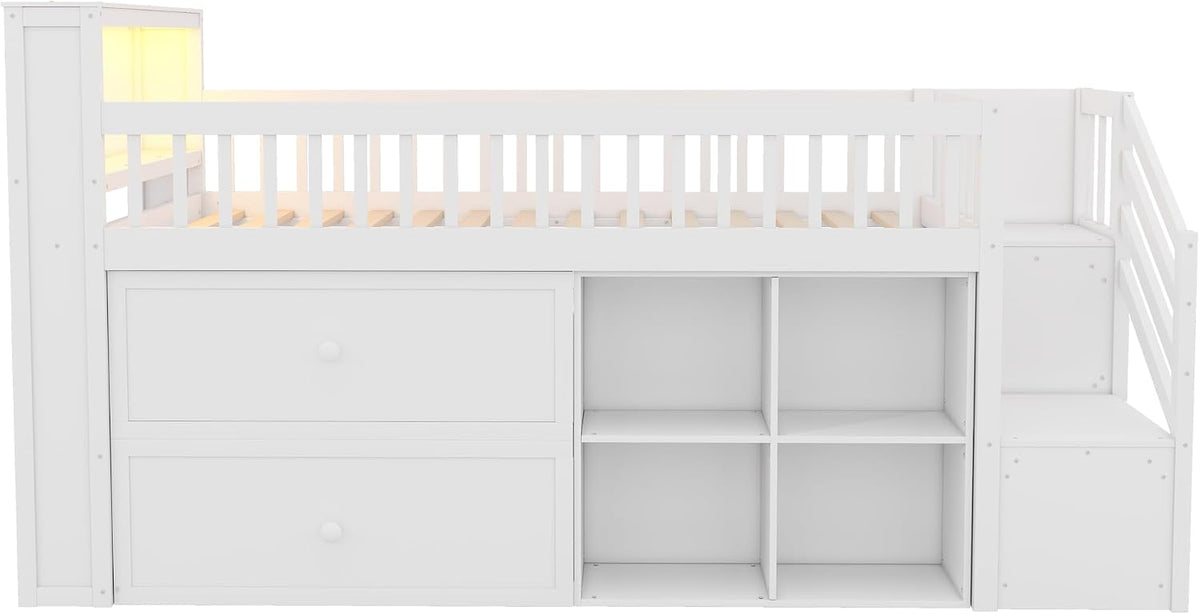 Low Loft Bed with LED Lights and Bookshelf, Wooden Kids Loft Bed with Stairs and Safety Guardrail, Low Loft Bed Twin with 2 Storage Drawers and Shelves for Girls Boys ,No Box Spring Needed, White