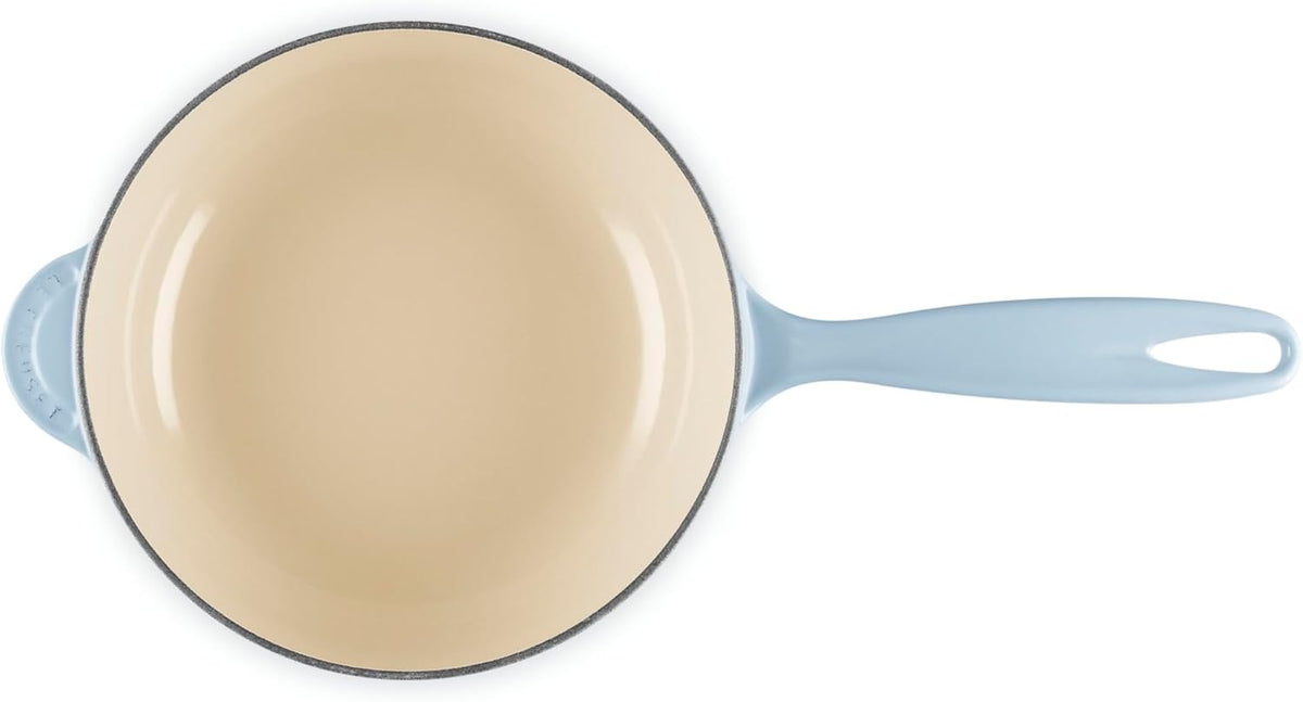 Le Creuset Enameled Cast Iron Holly Collection Traditional Saucier, 2.25 qt., Coastal Blue with Gold Knob