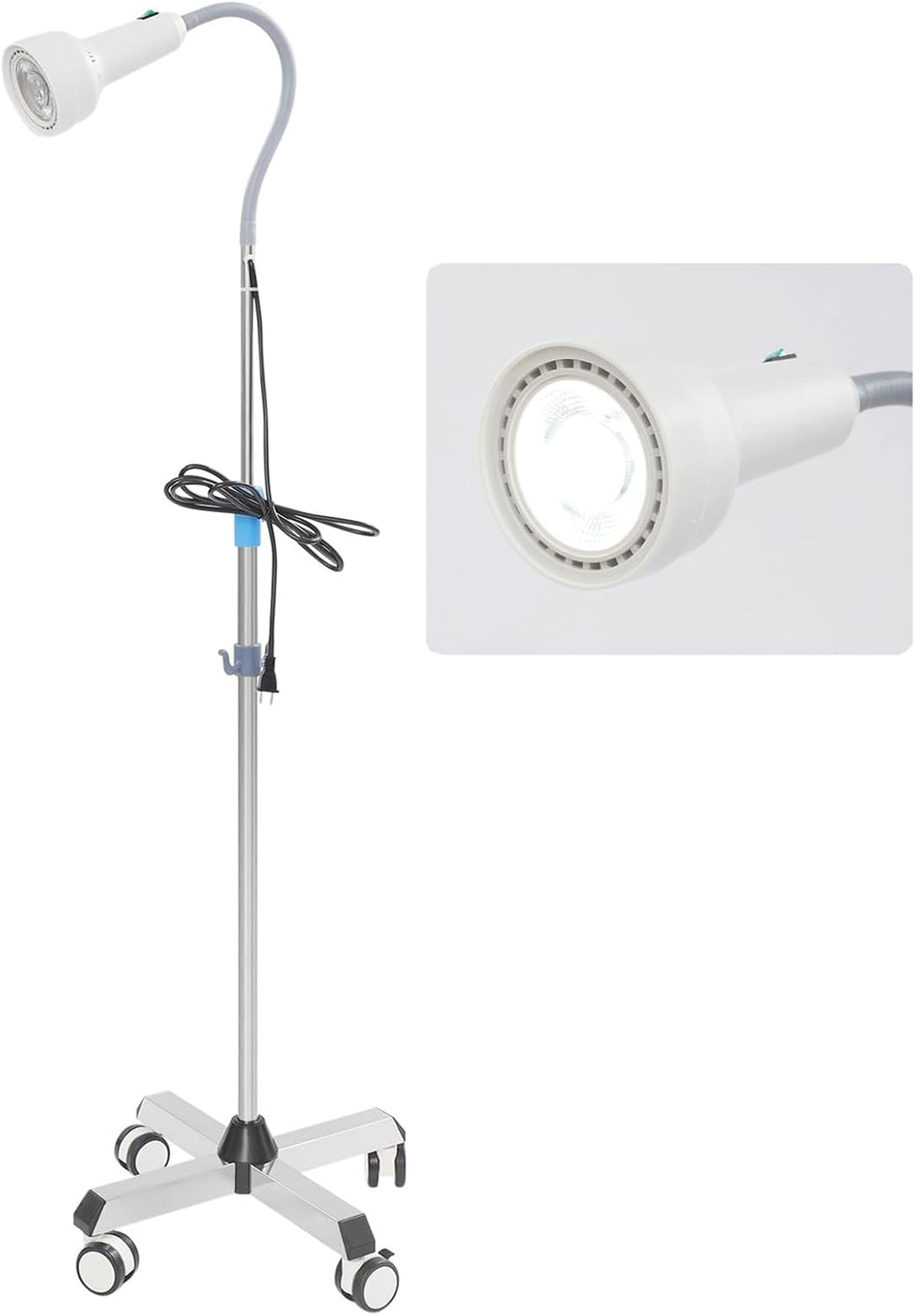 Exam Light 30W LED Medical Examination Light Lamp, Mobile 4-Legged Base w/Universal Wheels, 360° Adjustable Gooseneck LED Exam Light, Dental-Oral & Gynaecology Outpatient Cold Light Lamp (White)
