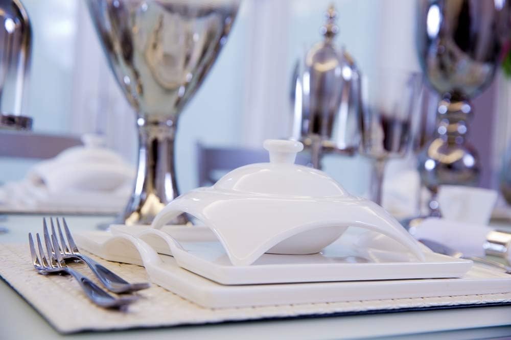 Little White Dish 20 Piece Porcelain Dinnerware Set White Square - Designer Dishware - Dinner Plates, Salad Plates, Soup Bowls, Teacups and Saucers - Service for 4