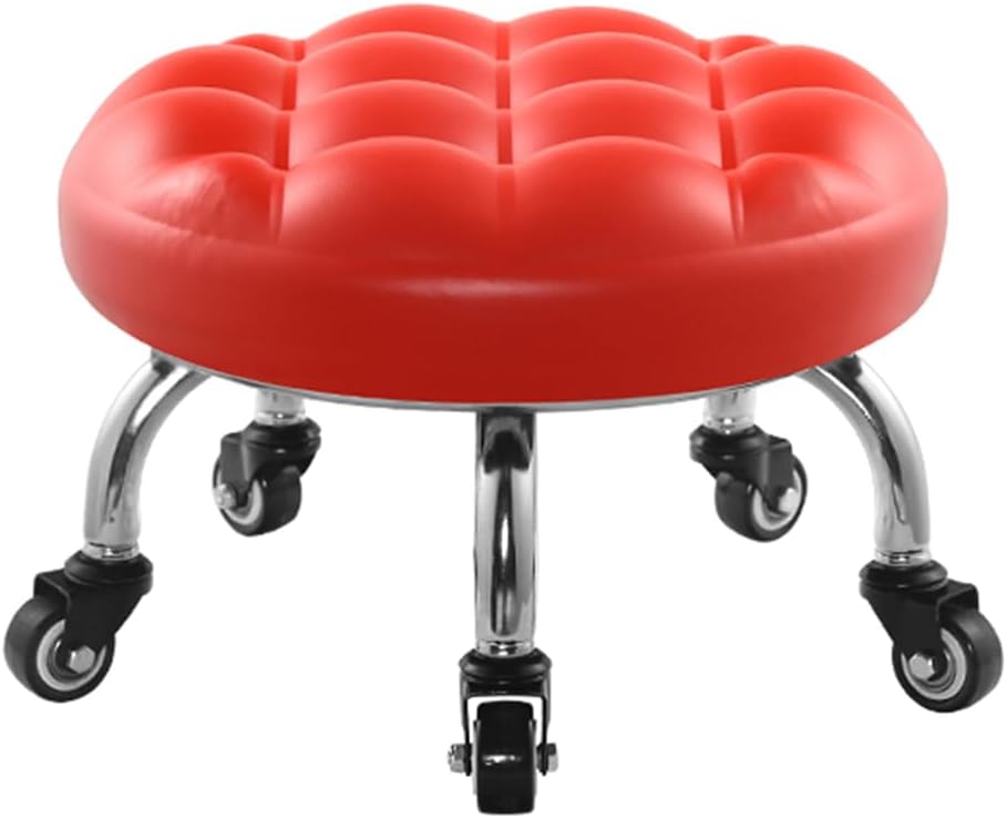 Heavy-Duty Low Roller Stool with 360° Swivel Wheels, Ottoman Footstool, Low-Height Short Rolling Stool Seat, PU Leather Small Mechanic Chair, Rolling Stools for Garage, Shop, Library red1
